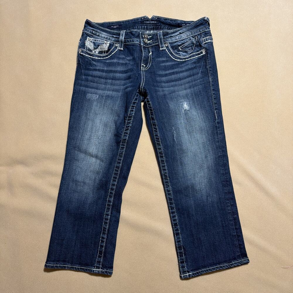 Vigoss Sz 7/8 W32 Stretch Denim Blue Jean Capri Cropped Distressed Jewels Bling